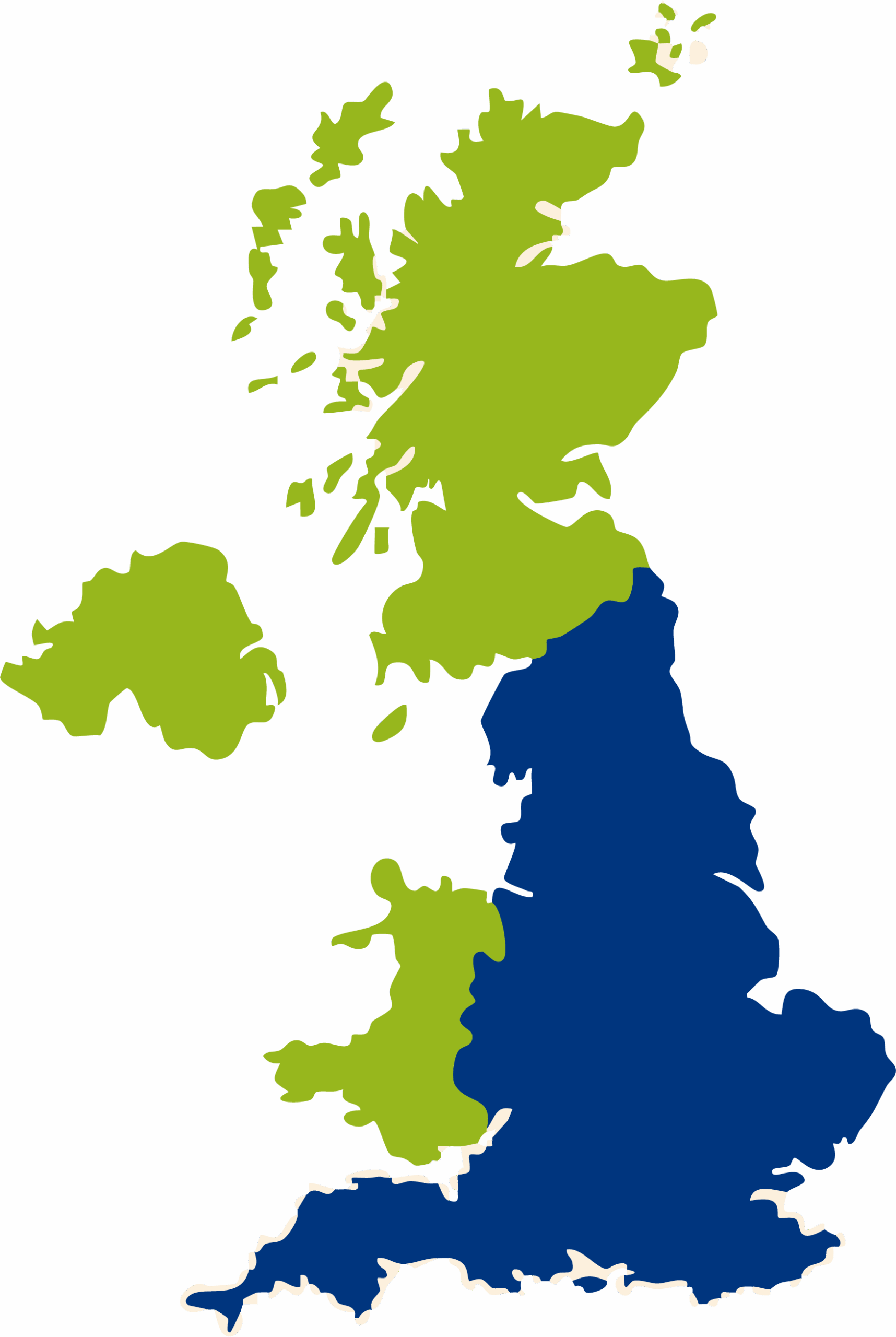 Map of Great Britain and Northern Ireland with the devolved nations (Northern Ireland, Scotland and Wales highlighted)