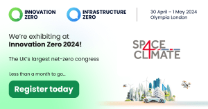 A promotional card declaring that Space4Climate is exhibiting at Innovation Zero 2024.