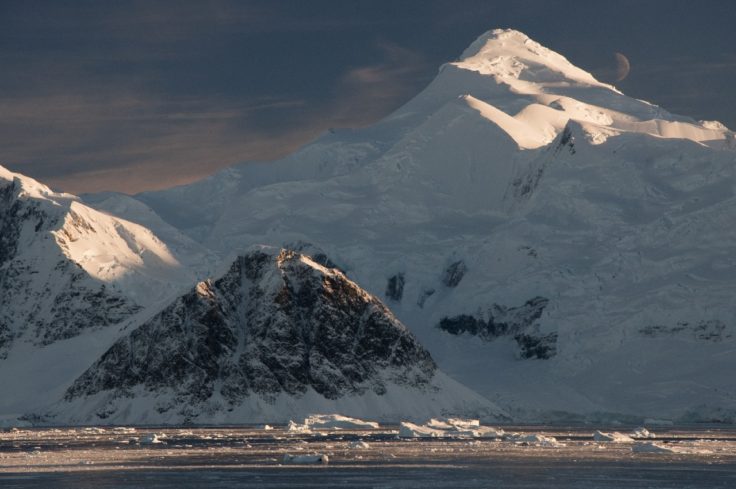 A view of a snow covered mountain.