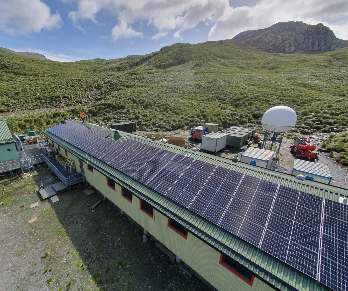 New solar panels installed at Bird Island Research Station to reduce carbon emissions, photographed aerially.