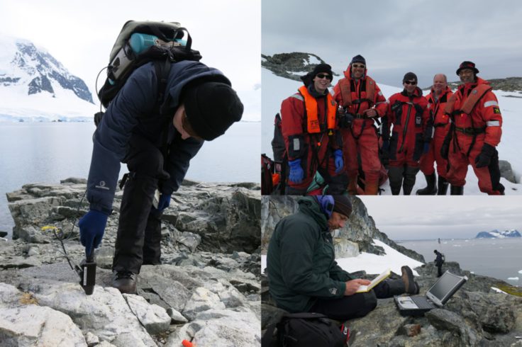 Martin Black collecting a spectrum from a rock surface on Léonie Island (Left); (Top right) The field team on arrival at Anchorage Island, Ryder Bay, Antarctica; (Bottom right) Teal Riley making notes during the spectral survey of Léonie Island.