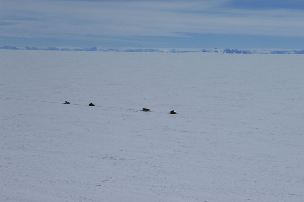 BAS field party travel on the Larsen Ice Shelf (Photo: Pete Bucktrout, British Antarctic Survey)