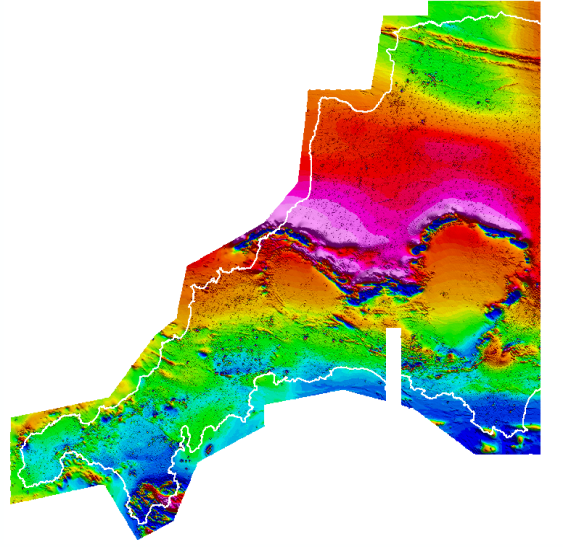 Tellus South West map of the magnetic properties of the rocks below Devon and Cornwall. Experts will use this data to assess the extent and value of mineral deposits below ground (Credit: Tellus South West)