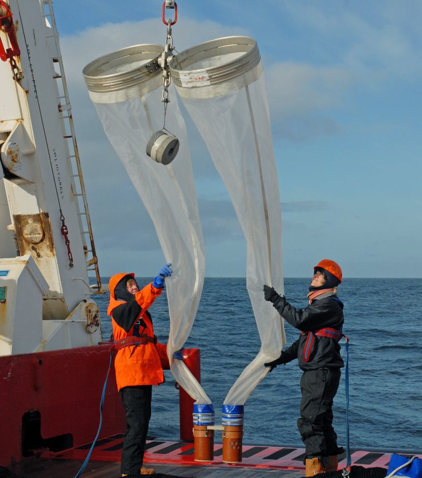 Towed bongo nets on the back deck of RRS James Clark Ross on cruise JR177 in the Southern Ocean.