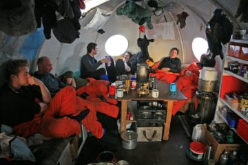 A group of people performing on a counter.