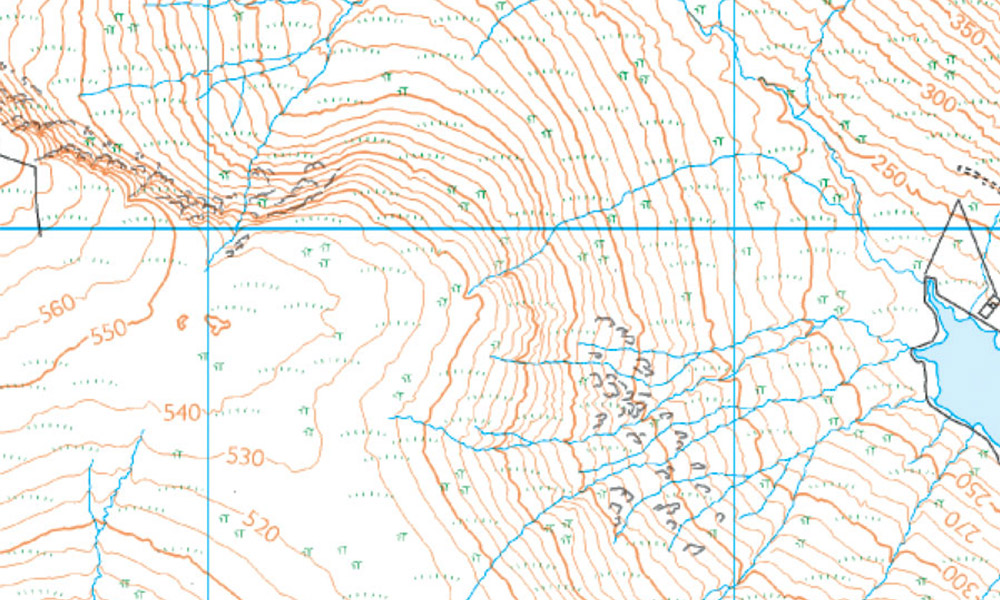 contour lines on map steep valley