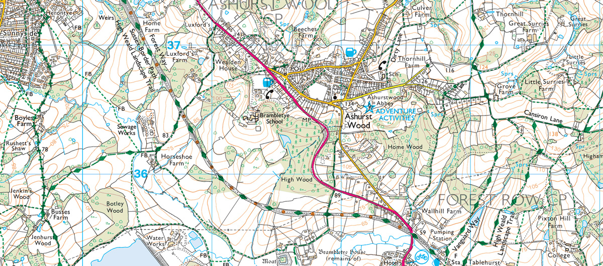 A dismantled railway with footpath and traffic free cycle route near East Grinstead