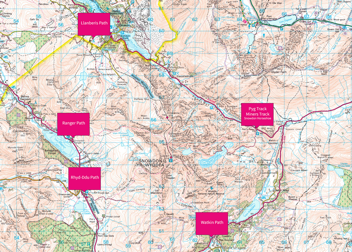 Snowdon (Yr Wyddfa) walking route start points.