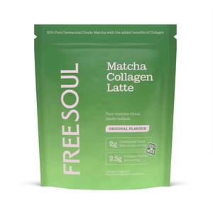 Image for mark UK00004380299 FREESOUL Matcha Collagen Latte Your matcha ritual, made radiant. ORIGINAL FLAVOUR 2g Ceremonial Grade Matcha per serving 2.5g Collagen Peptides per serving 1 serving = 1 espresso 50g | 10 servings | Food supplement 100% Pure Ceremonial Grade Matcha with the added benefits of Collagen
