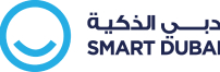Logo of Smart Dubai featuring a blue circular design with a stylized smiley face and Arabic text on the right, accompanied by the English text