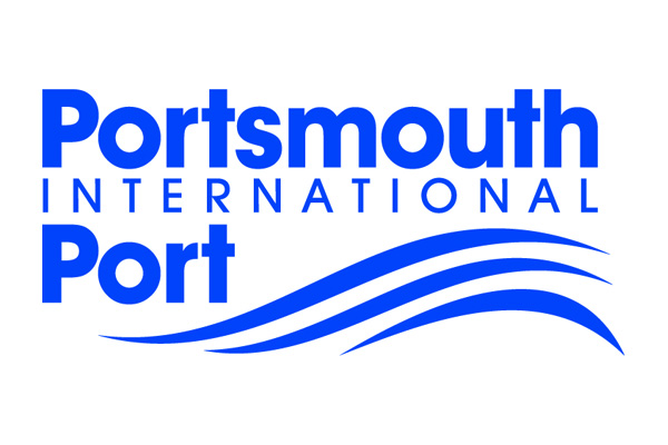 Logo of Portsmouth International Port, featuring blue text and three wavy lines beneath the word 