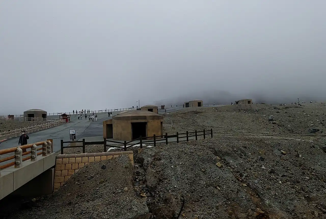 The emergency shelters dotted around Mount Aso. BGS © UKRI.