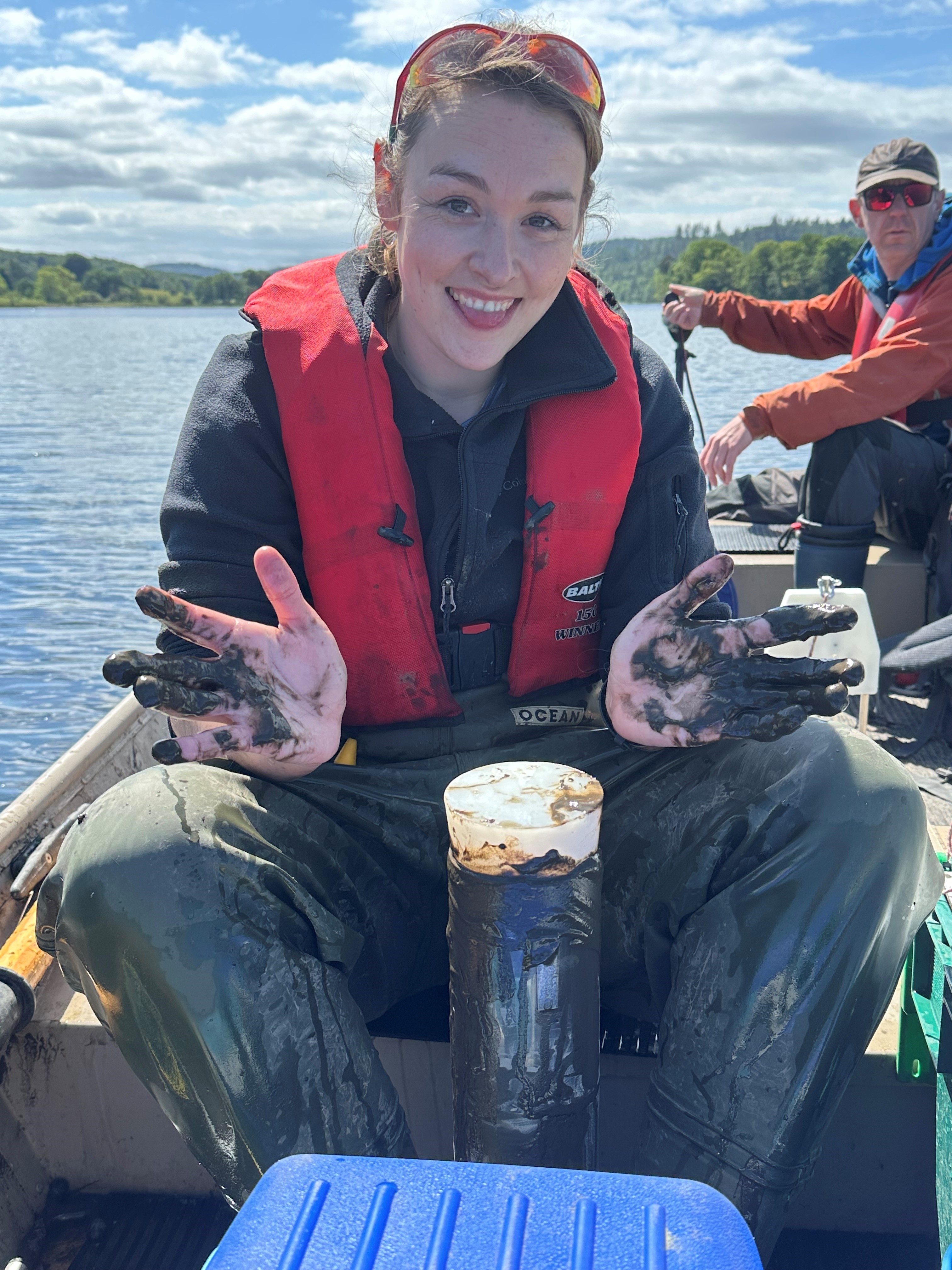 The team out on the lake getting stuck into the often muddy experience of collecting lake sediment cores. These cores cover the period of human interaction with the lake. This means the team can identify periods of minimum and maximum human-derived phosphorus input into the lake. Photo credit: Penny Reeve.
