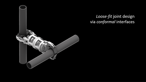 Robotic joint connects two gray pipes, illustrating a loose-fit design with conformal interfaces on a black background.