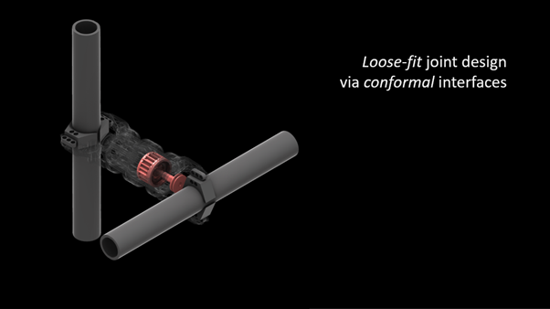 3D-rendered loose-fit joint with a red gear, showing conformal interfaces next to descriptive text on black background.
