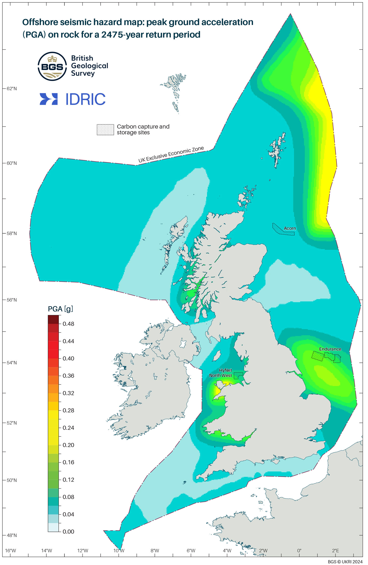 Offshore seismic hazard map showing peak ground acceleration (PGA) on rock for a 2475-year return period. BGS © UKRI.