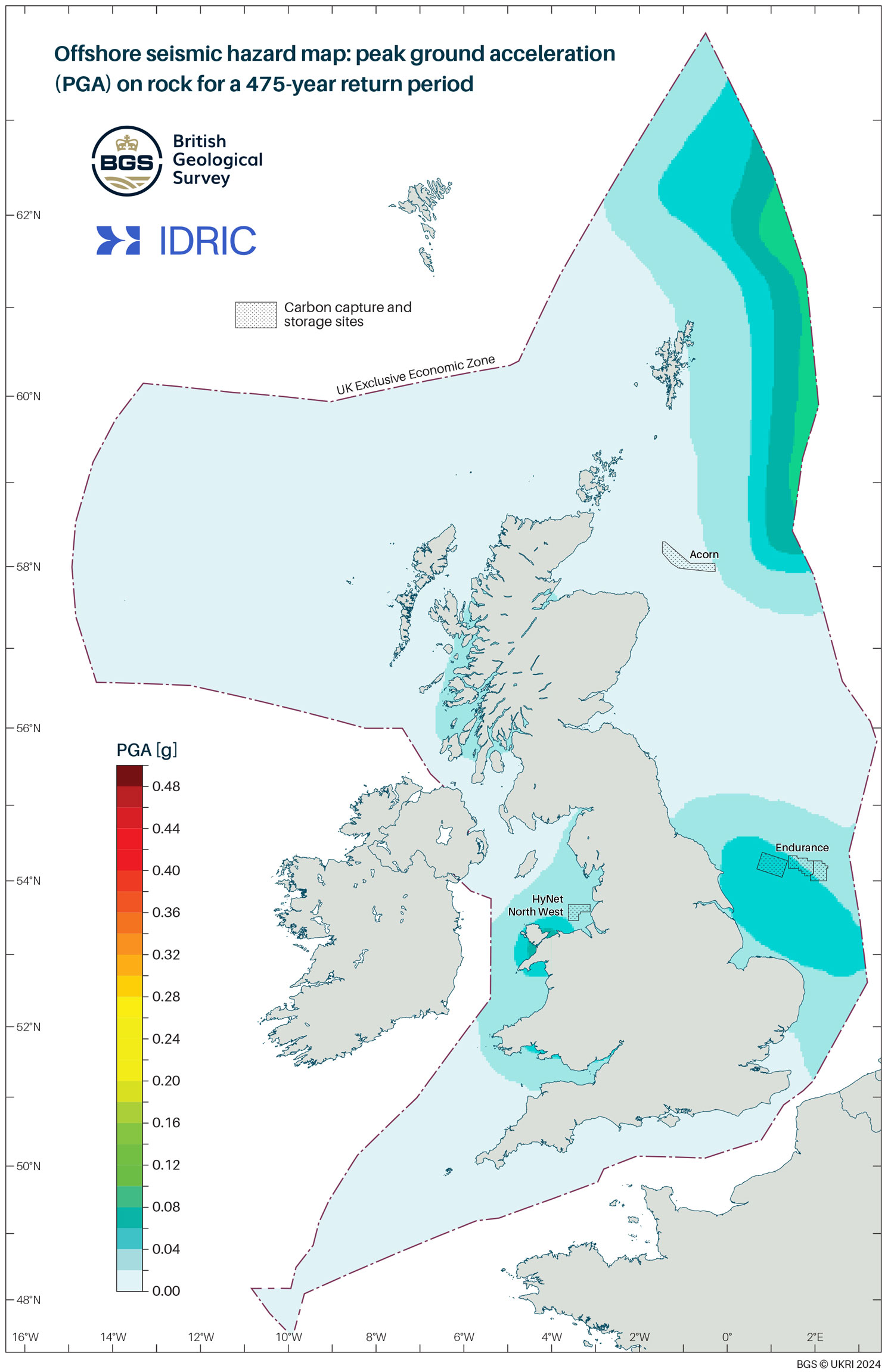 Offshore seismic hazard map showing peak ground acceleration (PGA) on rock for a 475-year return period. BGS © UKRI.