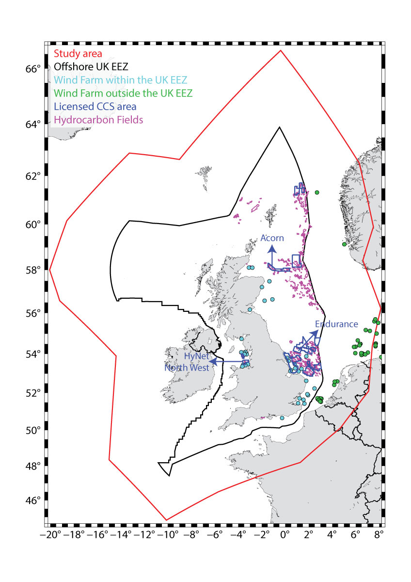 Map of the current UK offshore Exclusive Economic Zone (EEZ), the study area for this project and the locations of the gas and oil hydrocarbon fields, wind farms, and licensing offshore CCS sites as reported by the North Sea Transition Agency. BGS © UKRI.