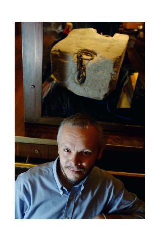 BGS’s Emrys Phillips in front of the Stone of Scone. BGS © UKRI.