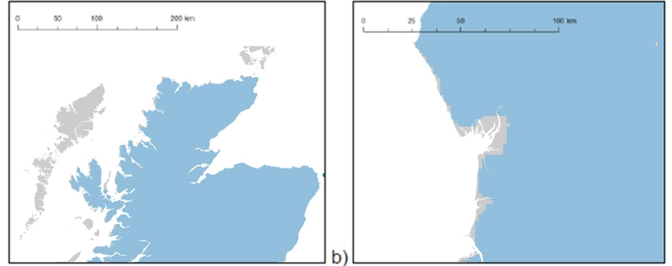 GeoClimate shrink-swell of a) the Outer Hebrides and b) Morecambe Bay, demonstrating the two origins of data unavailable areas (grey). BGS © UKRI 2026. Contains OS data © Crown copyright and database right (2026).