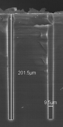 Existing processed depth for 10 micrometre large vias are  200 micrometres