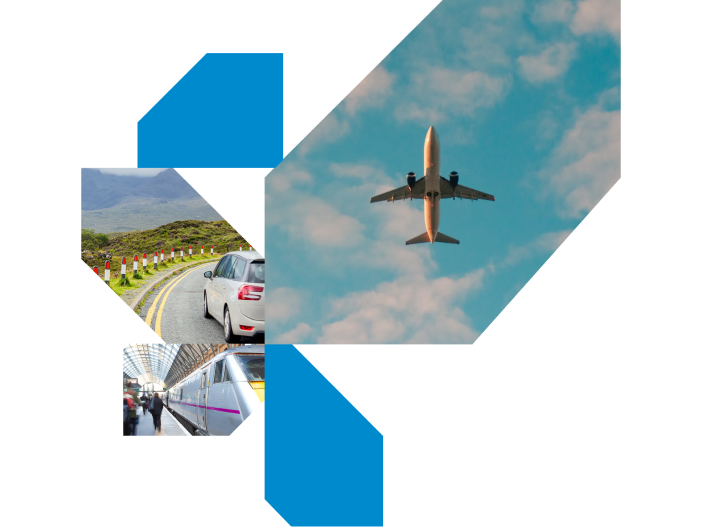 Collage of transportation images: a car driving on a mountainous road, a plane flying in a blue sky, and a train at a station. Geometric shapes frame the images.