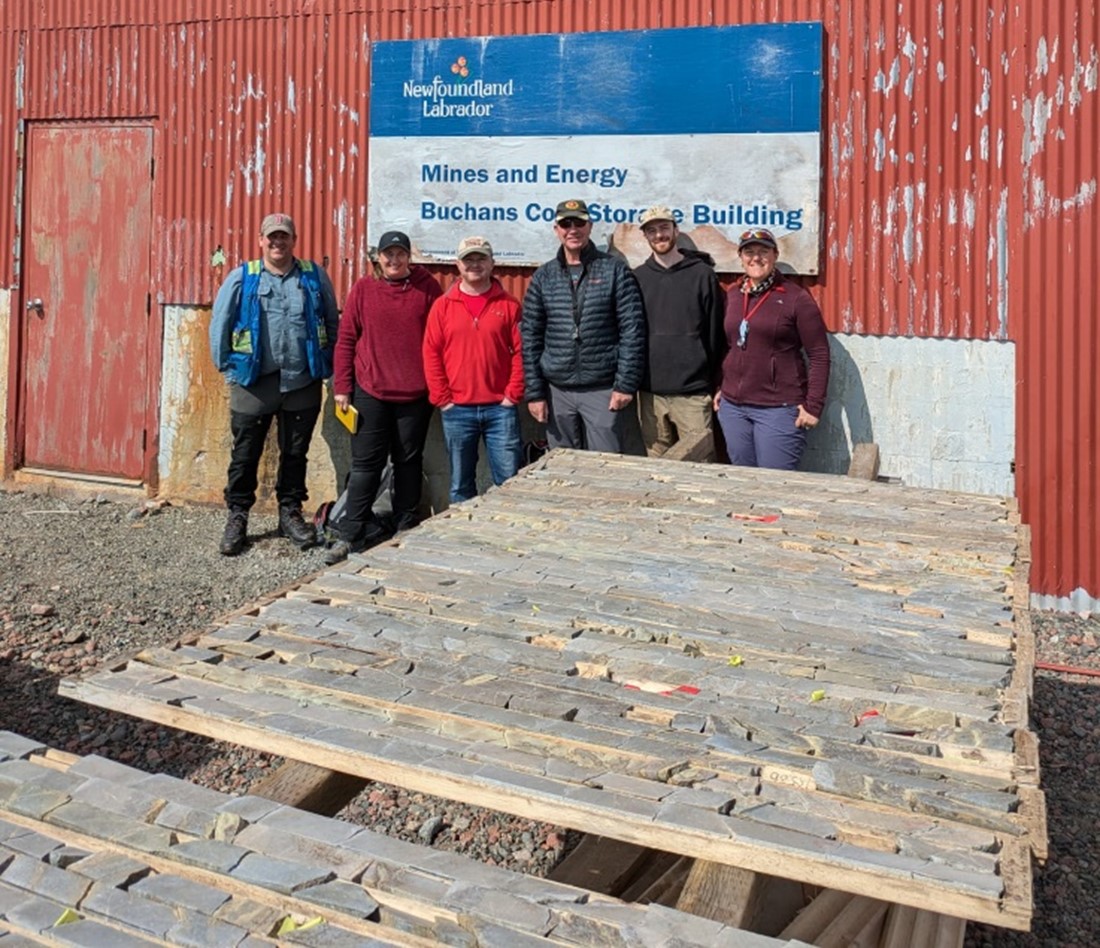 Sampling historical drillcore from core libraries in Newfoundland. Left to right: Steve Piercey (Memorial University); Hannah Grant (BGS); Steve Hollis (University of Edinburgh); Mark Cooper (BGS); Philippe Mongeau (University of Edinburgh), and Katie McFall (UCL). © Katie McFall.
