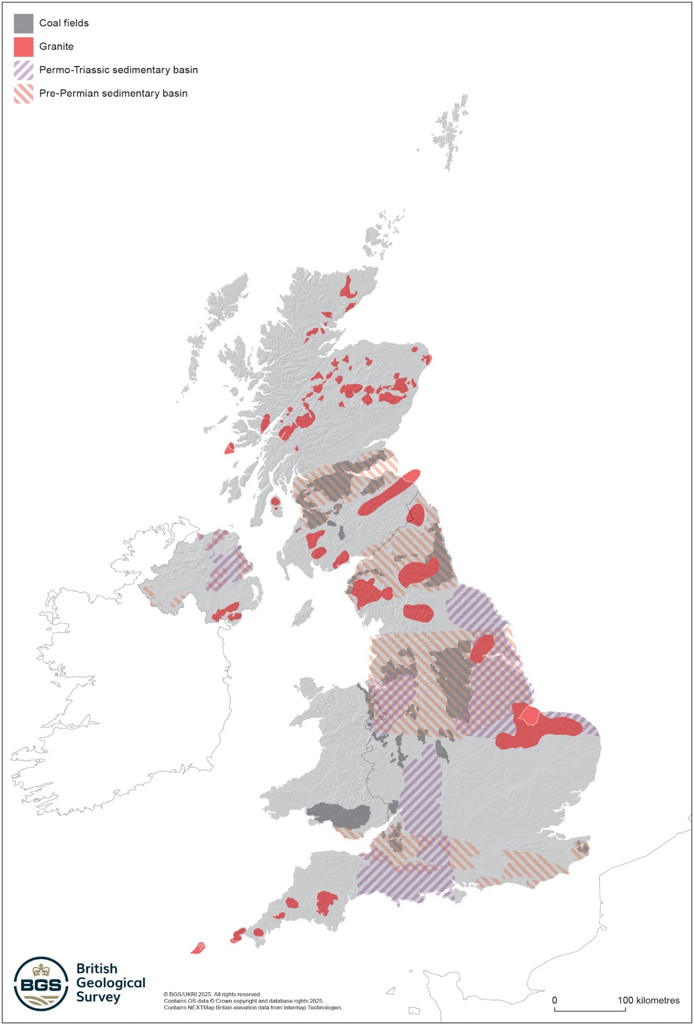 A map of the UK showing the distribution of geological units supporting potential UK deep geothermal projects across the UK for hot sedimentary aquifers from legacy BGS studies and for engineered geothermal systems in granite.