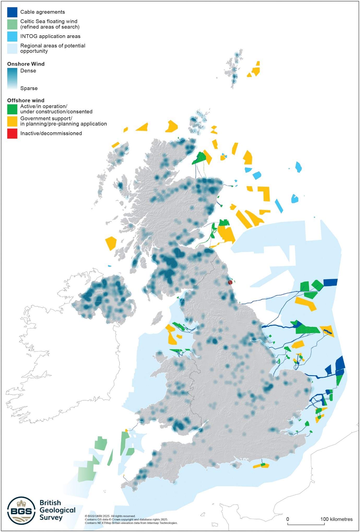 A map of the UK showing the current distribution of wind energy projects