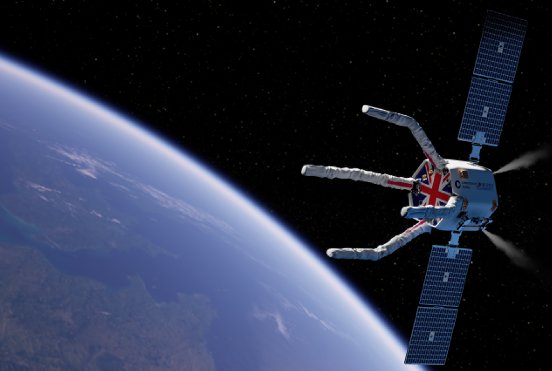 A satellite with solar panels orbits above Earth, displaying a British flag, against a backdrop of space.