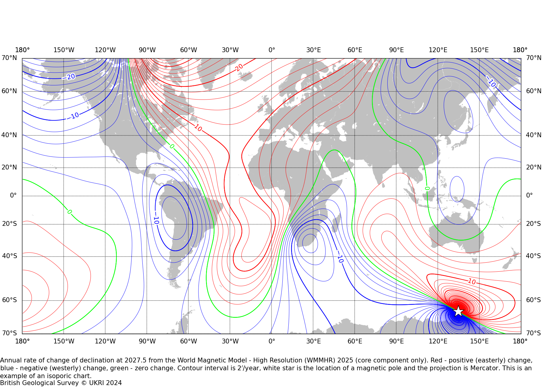 Map of the world showing annual rate of change of declination for 2025.0 to 2030.0 from the World Magnetic Model - High Resolution (WMMHR2025).