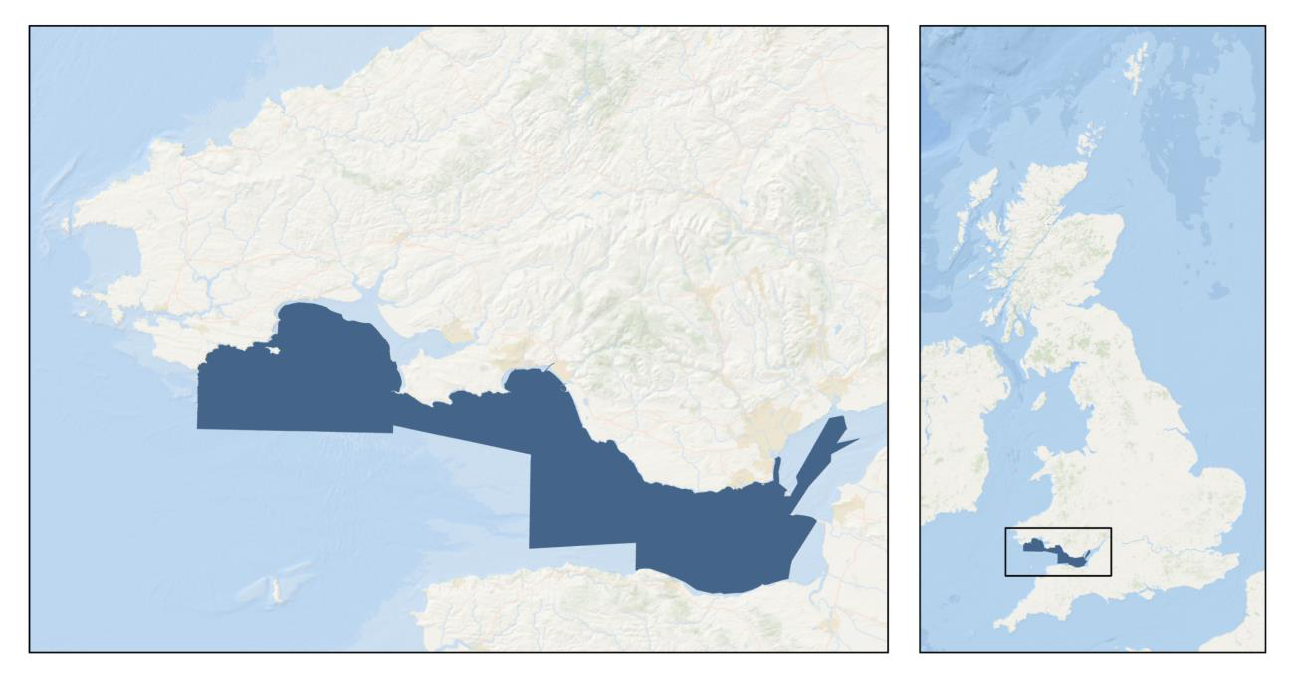 Coverage of BGS Seabed Geology 10k: Bristol Channel shown in dark blue. Background image from World Ocean Base dataset compiled by Esri, Garmin, GEBCO, NOAA NGDC, and others (Ocean Basemap).