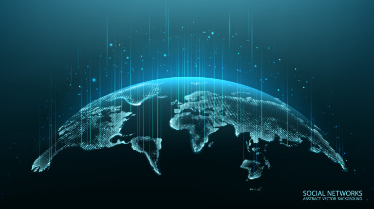 Digital globe with glowing lines and dots, representing global social networks and connectivity.