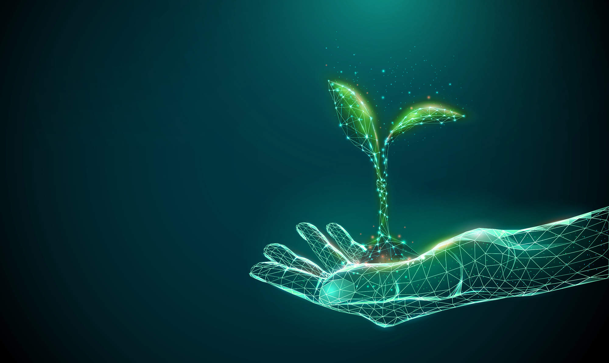 A digital hand made of green and blue lines cradles a glowing green sprout on a dark teal background.