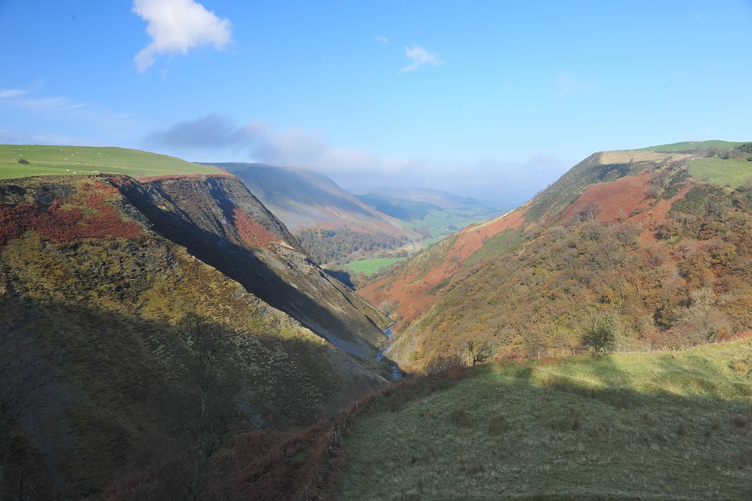 A river valley cutting through a misty plateau