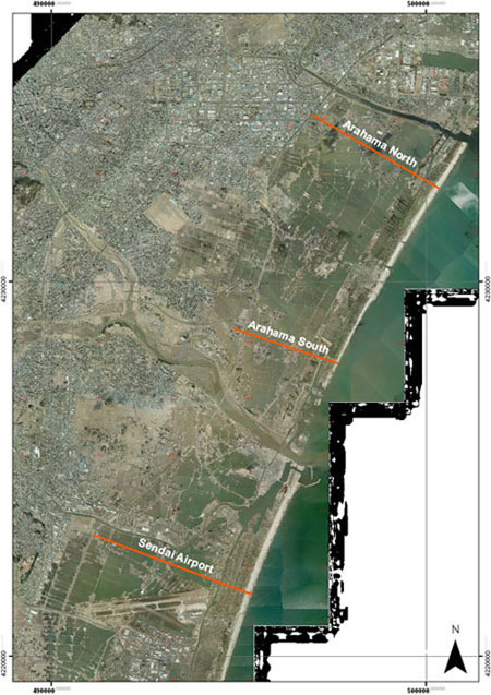 Arahama and Sendai Airport field area overlaid on an aerial photomosaic georectified by BGS and provided by the Geospatial Information Authority of Japan within the 'Agreement on Disaster Emergency'.