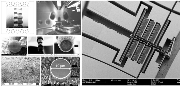 Fig. 2.1.  (left) Adama etch-based batch processing showing production of mounted diamond flat punch on steel holder for iNano IIT system. (right) MEMS-based IIT actuator developed by PTB and TUCh.                            