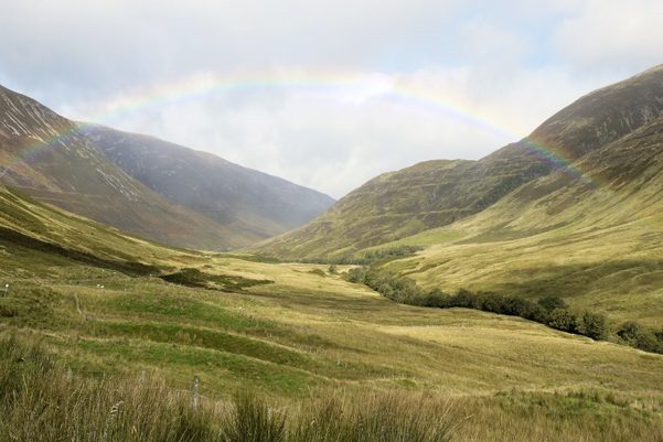 a green valley with a rainbow
