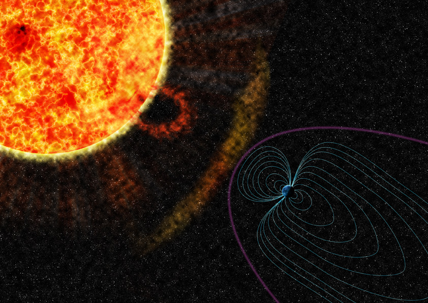 Illustration showing the influence of the Sun on the Earth's magnetic field. Image: BGS (UKRI)