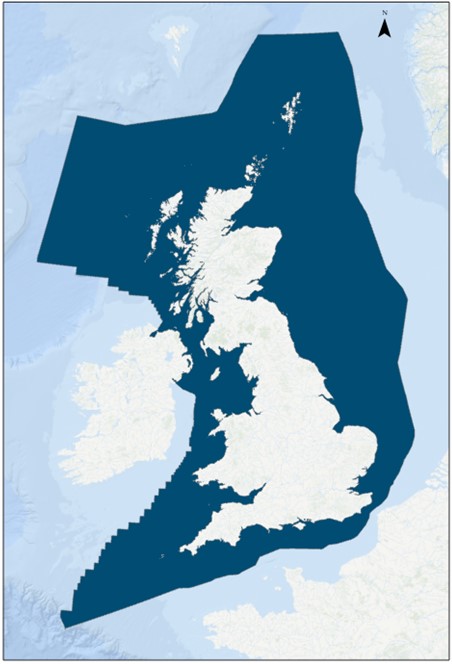 Coverage of BGS Predictive Seabed Sediments (UK) shown in dark blue. Background image from World Ocean Base dataset compiled by Esri, Garmin, GEBCO, NOAA NGDC, and others. BGS © UKRI 2025