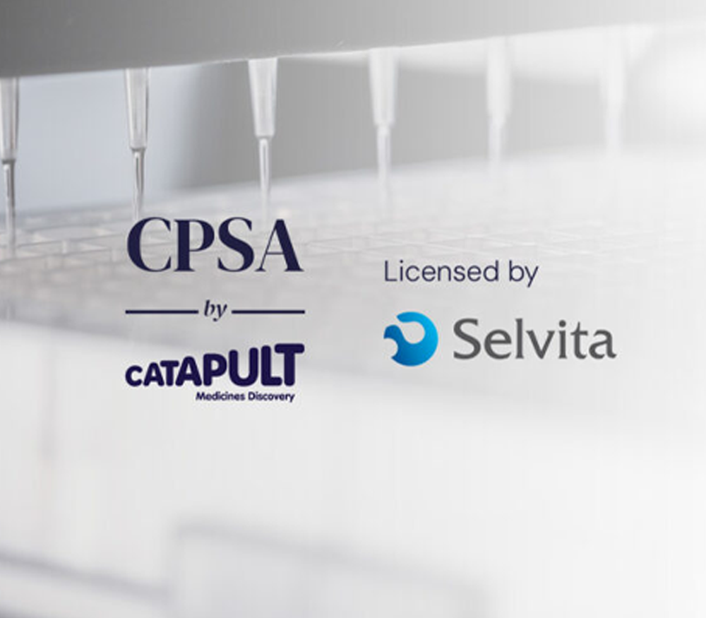 A graphic of the Selvita logo as the first contract research organisation to license a target engagement technology developed by Medicines Discovery Catapult.