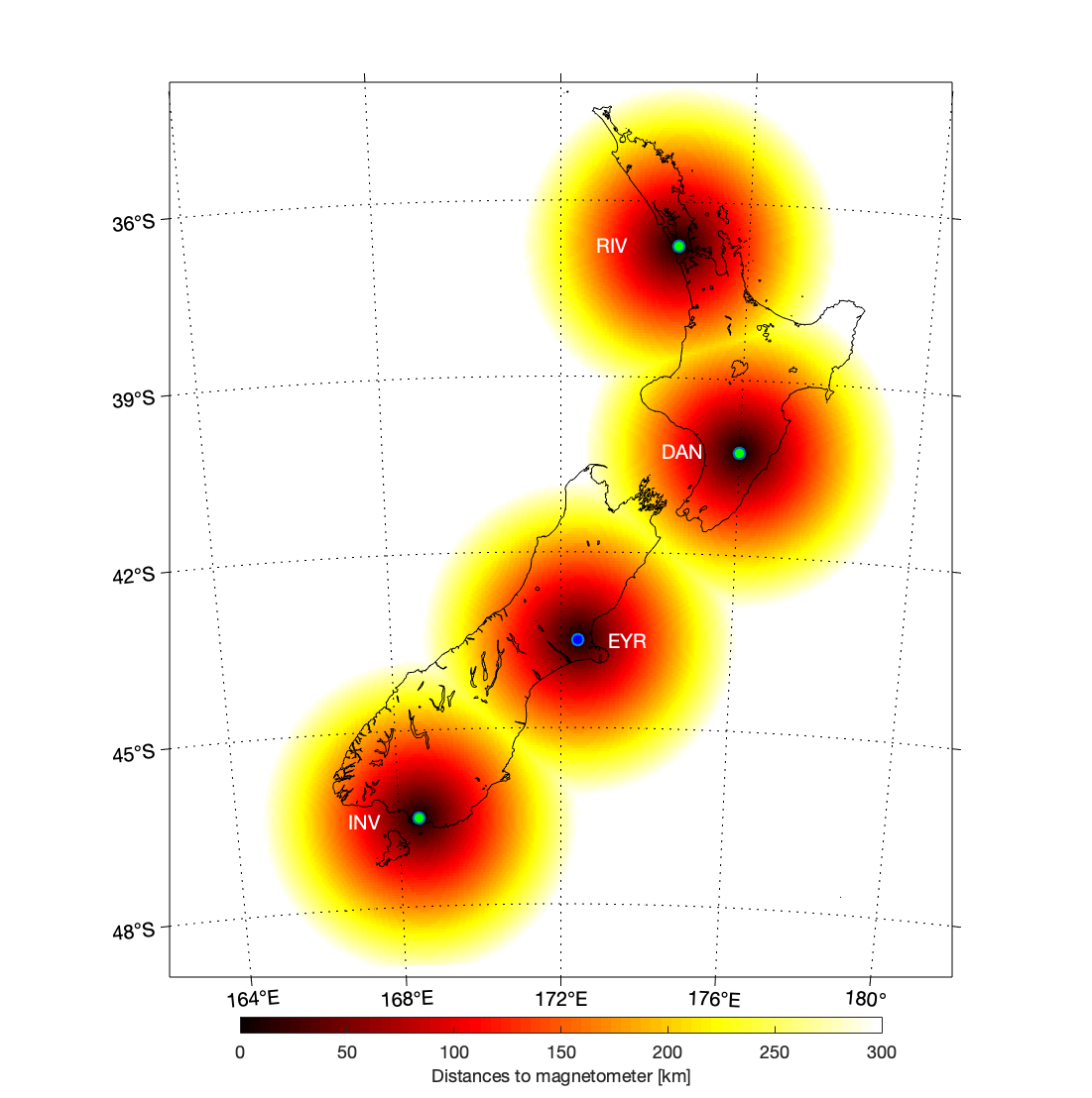 Potential sites for new variometers (green circles) and the existing Eyrewell geomagnetic observatory (blue circle)