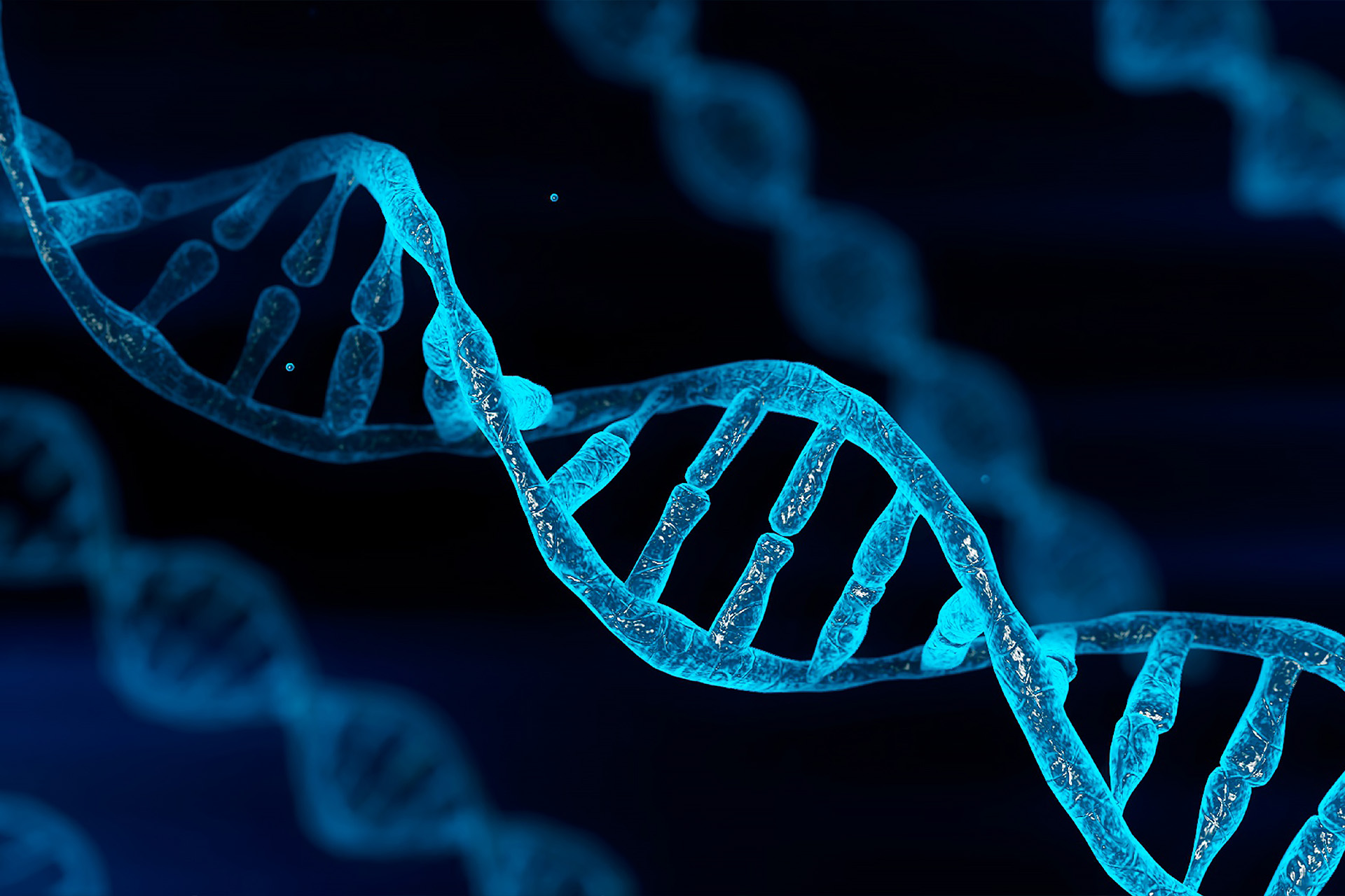 A blue glowing DNA strands on dark background for drug discovery modalities.