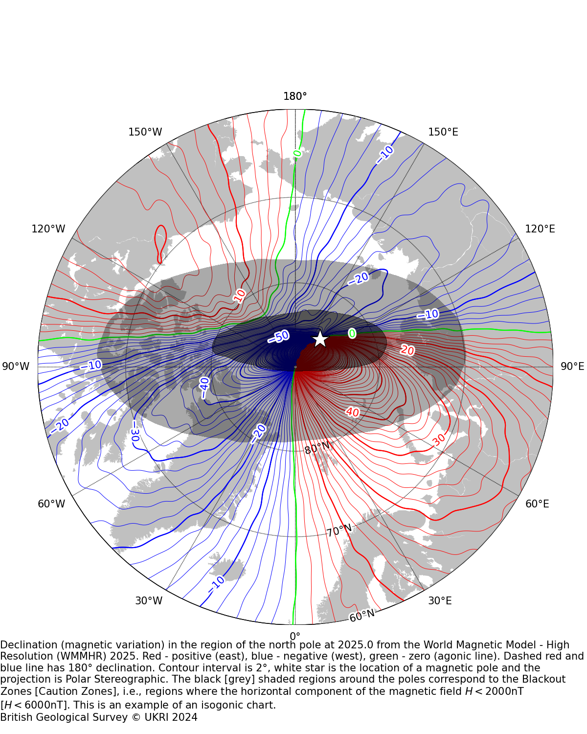 Declination (magnetic variation) in region of north pole at 2025.0 from the World Magnetic Model - High Resolution . Red - positive (east), blue - negative (west), green - zero. Contour interval is 2&deg;.