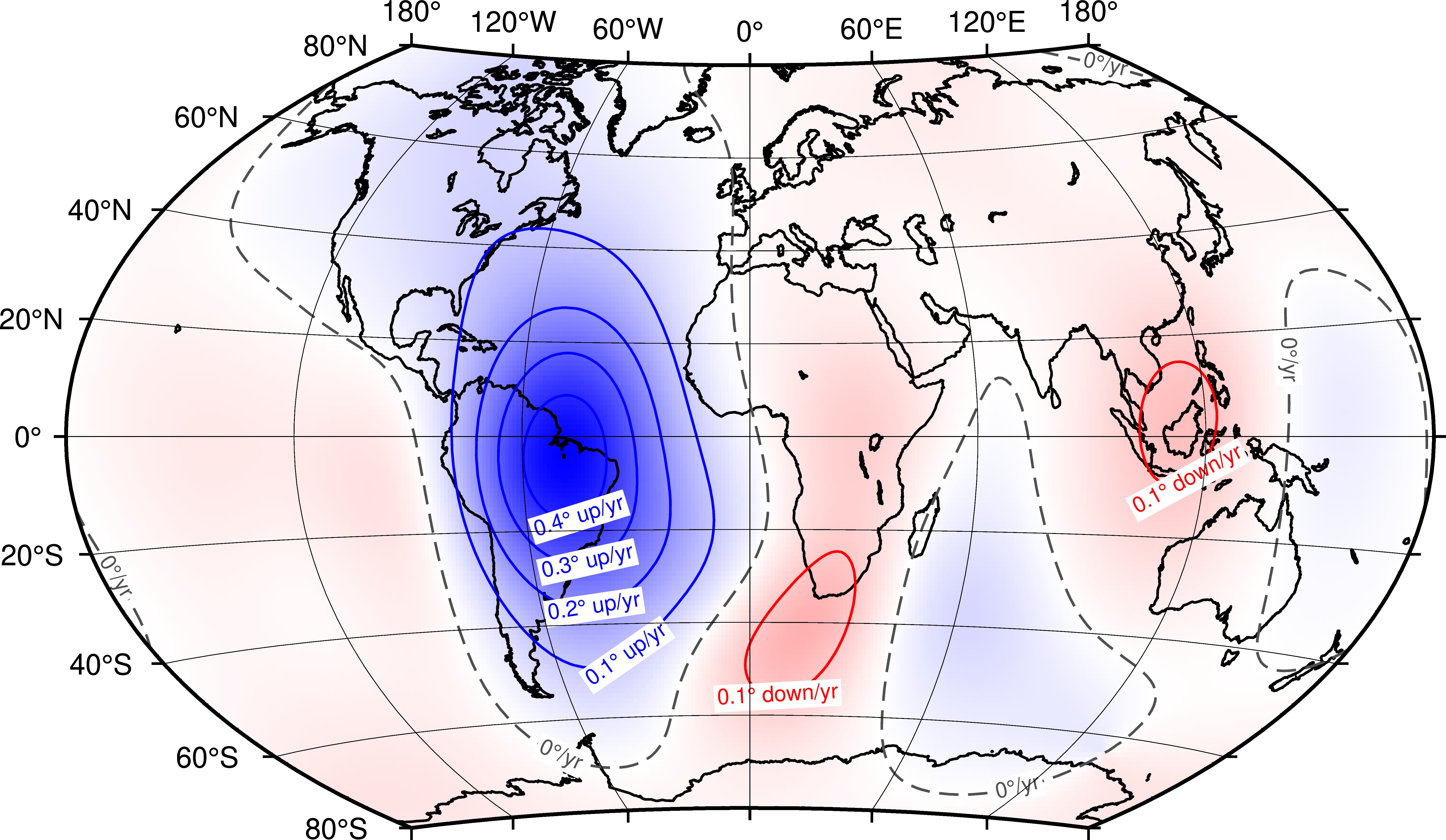 Map of predicted annual rate of change of inclination from IGRF-14 for 2025.0-2030.0