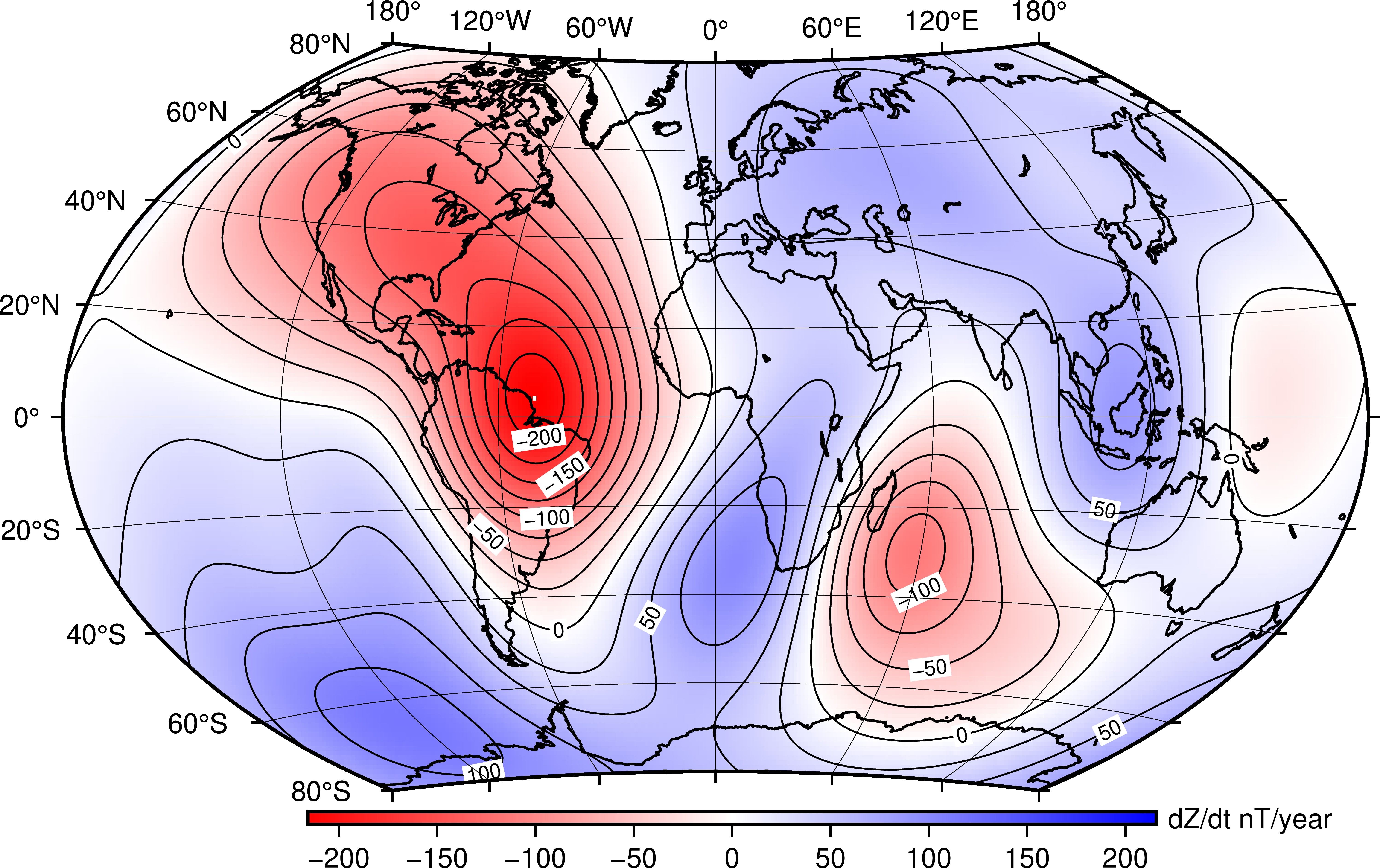 Map of predicted annual rate of change of Vertical Intensity from IGRF-14 for 2025.0-2030.0