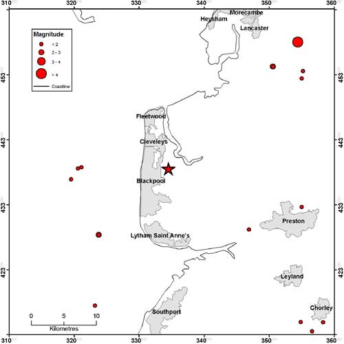 Figure 5. Seismic activity in a 50 km square centred on the epicentre of the magnitude 2.3 ML earthquake.