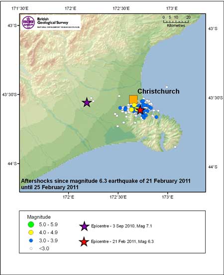 Aftershocks since magnitude 6.3 earthquake of 21 february 2011 until 25 February 2011