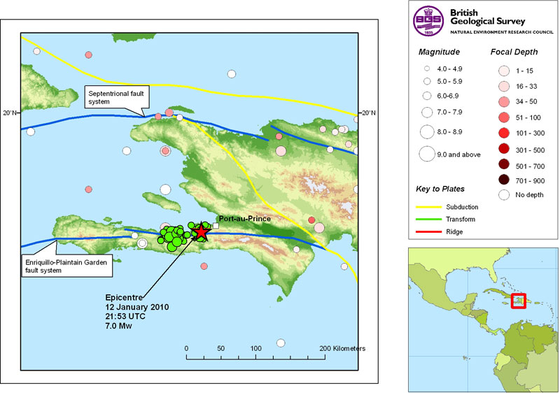 Red star marks the epicentre of the magnitude 7.0 earthquake on 12th January and the green circles mark the aftershocks which have continued to shake the country.