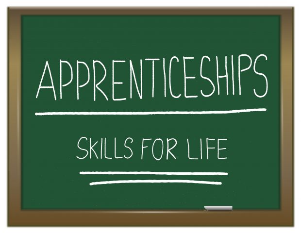 green chalkboard with the words APPRENTICESHIP SKILLS FOR LIFE written on it in white.